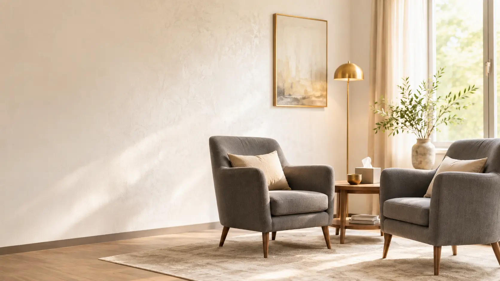 Home 1 Calm, light-filled counselling room in Canberra with two armchairs